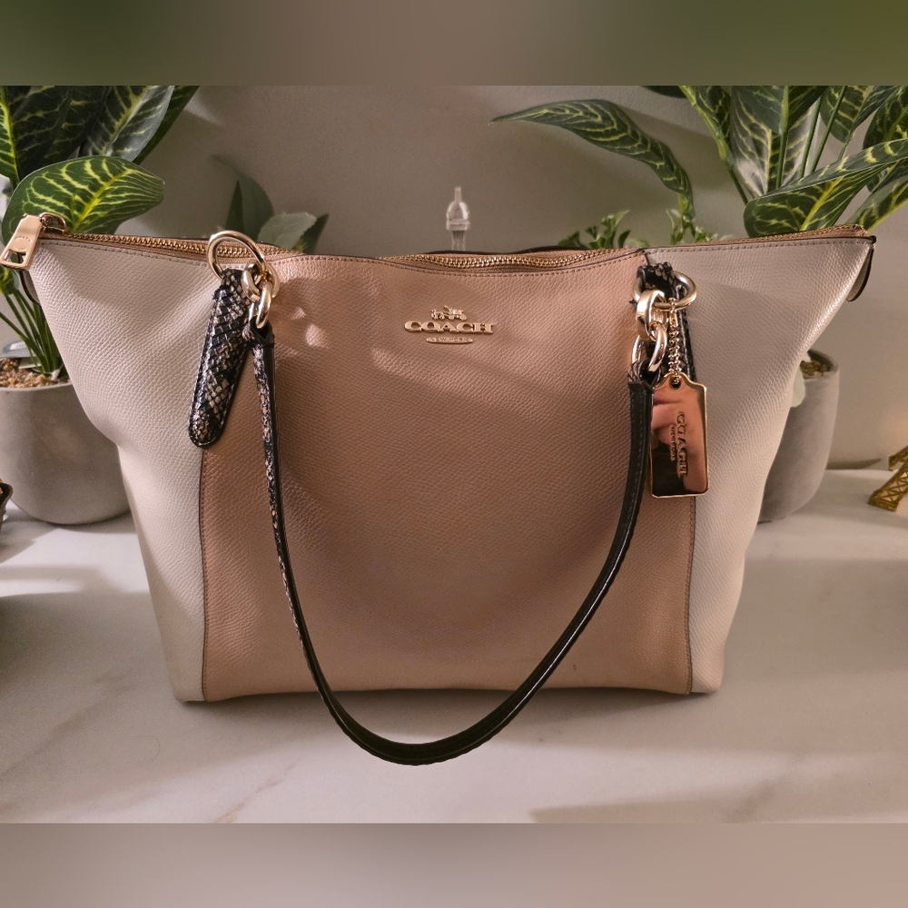 Coach Beige and White Tote with Black Handles